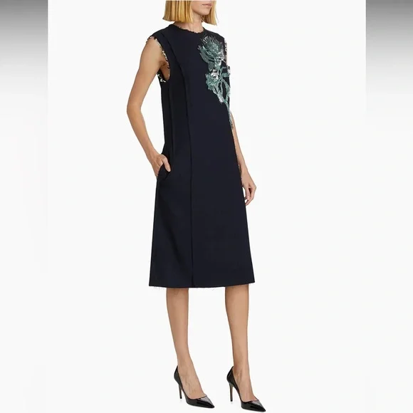 JASON WU COLLECTION•Floral Bead Sequined Midi Shift Dress•Navy•Sz 6 - Picture 4 of 12